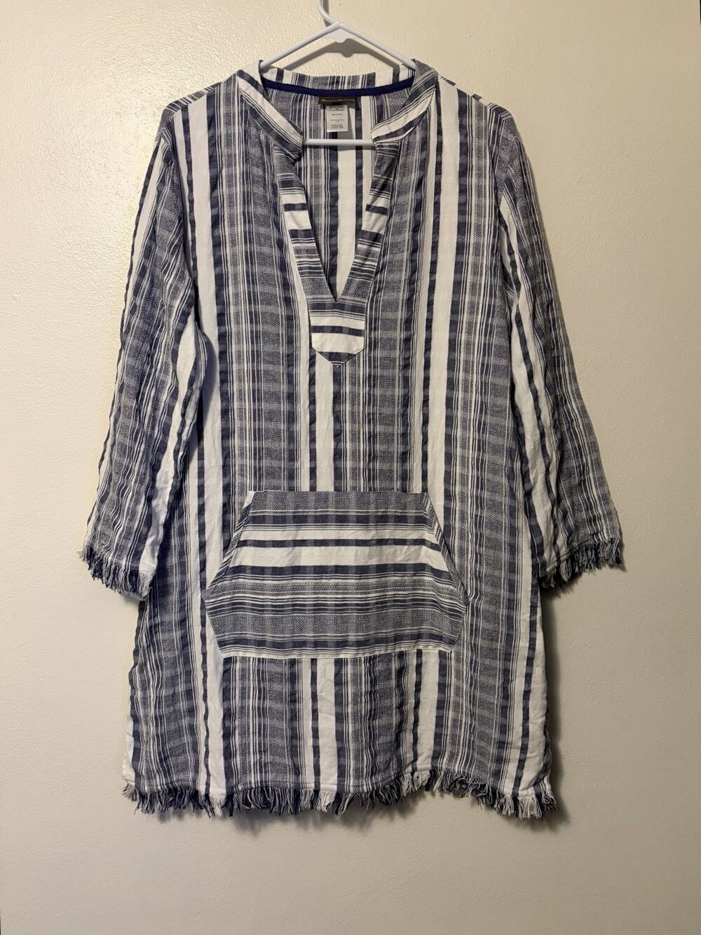 Tommy Bahama Popover Tunic Cover Up Blue White 100% Cotton Fringe Hem Large